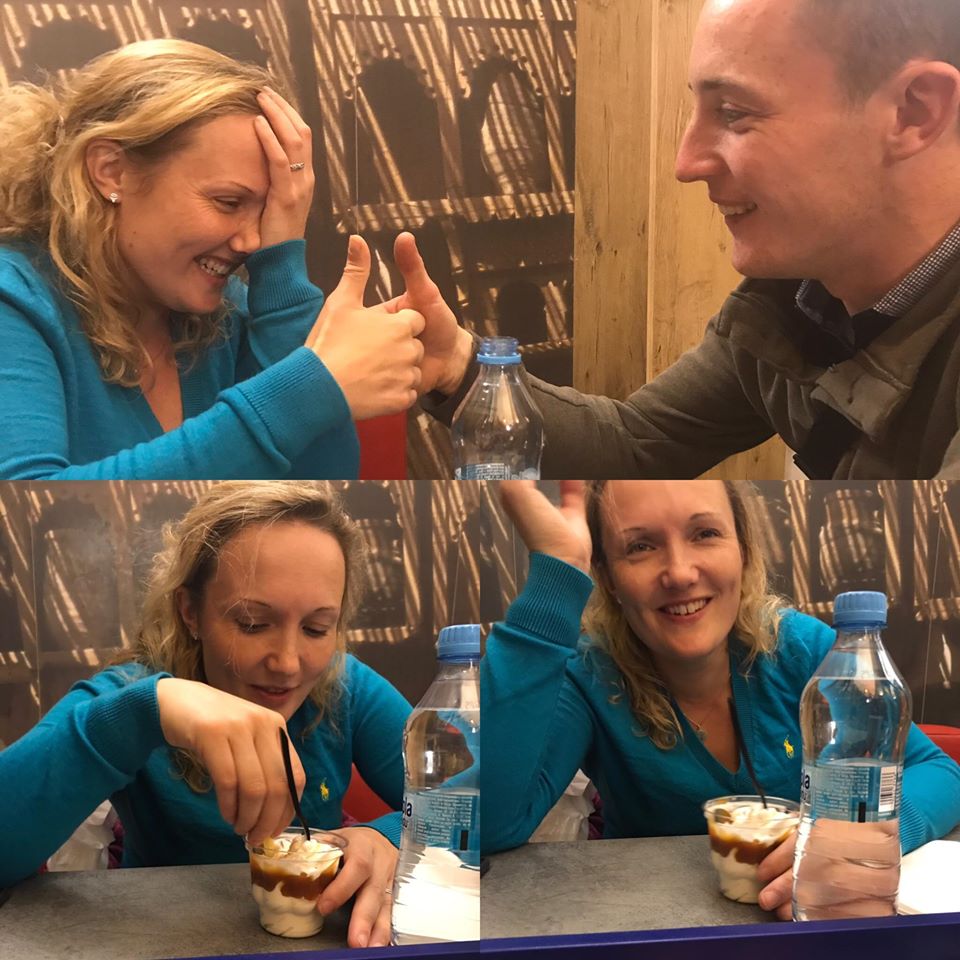 Three photos of a very drunk Bea dipping chips in ice cream!