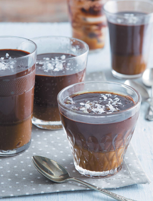 Photo of a shot glass filled with dulce de leche and chocolate