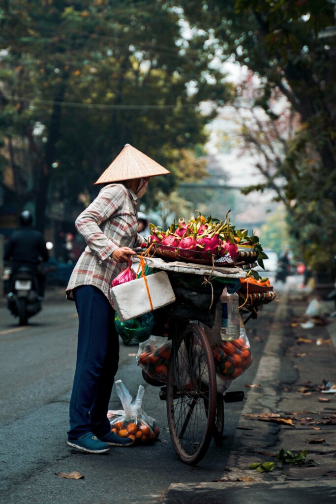 Hanoi Vietnam, this is where you come to see heavily loaded bikes carrying a days worth of fruit to sell