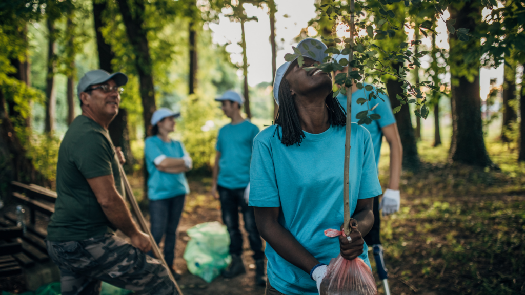 Community project of people planting trees. If you want to offset your carbon you don't necessarily have to plant a tree yourself, you can donate to programs that run community events