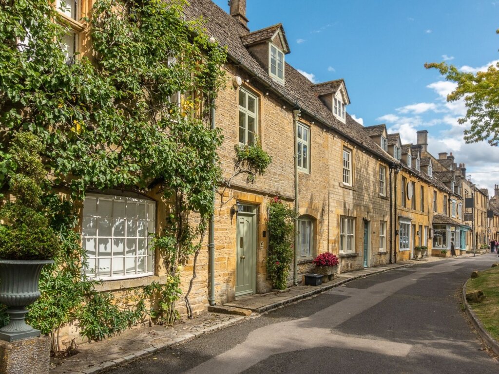 Some of the picturesque Cotswold town houses lining the main square in Stow on the Wold