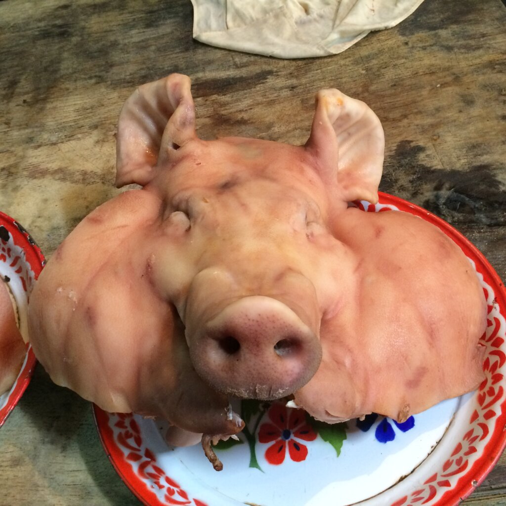 A smiling pig face on a plate, waiting for the next buyer