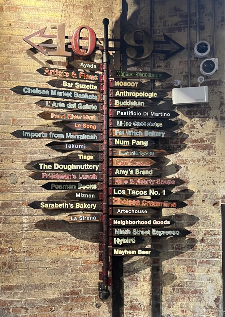 A sign post with all the different food vendors available at Chelsea Market