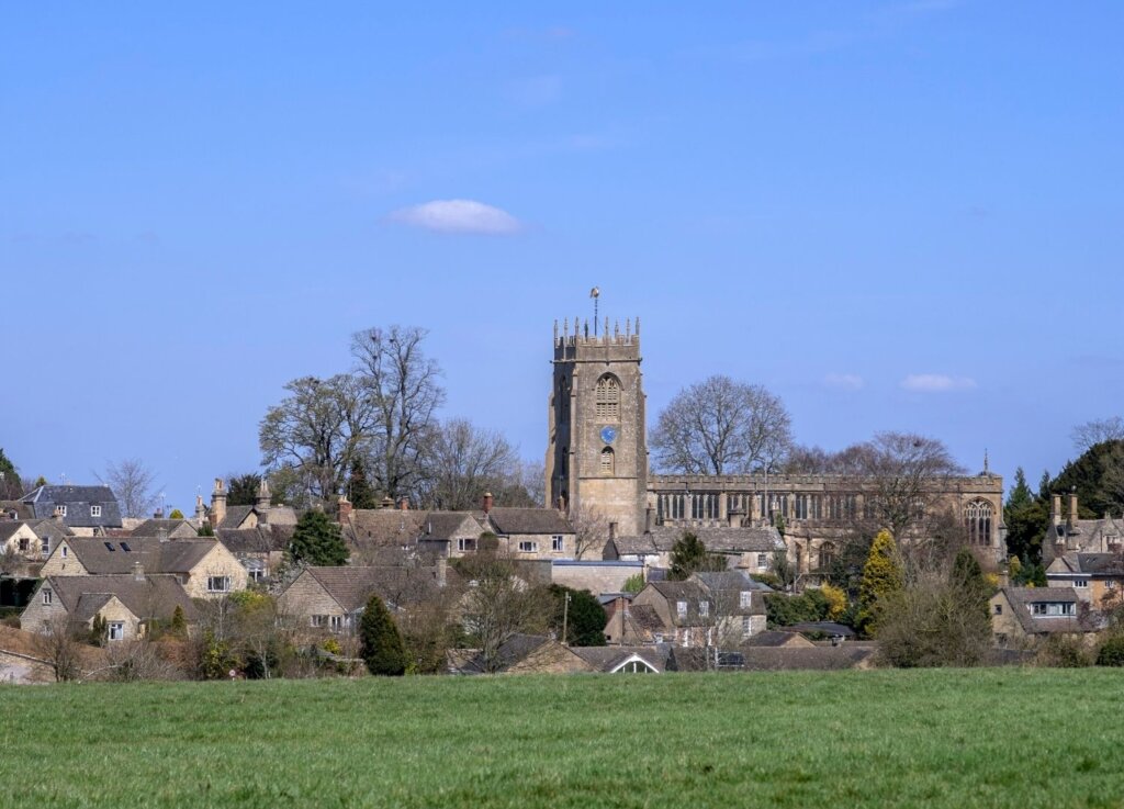 A photo of the town of Winchcombe taken from a nearby field. 