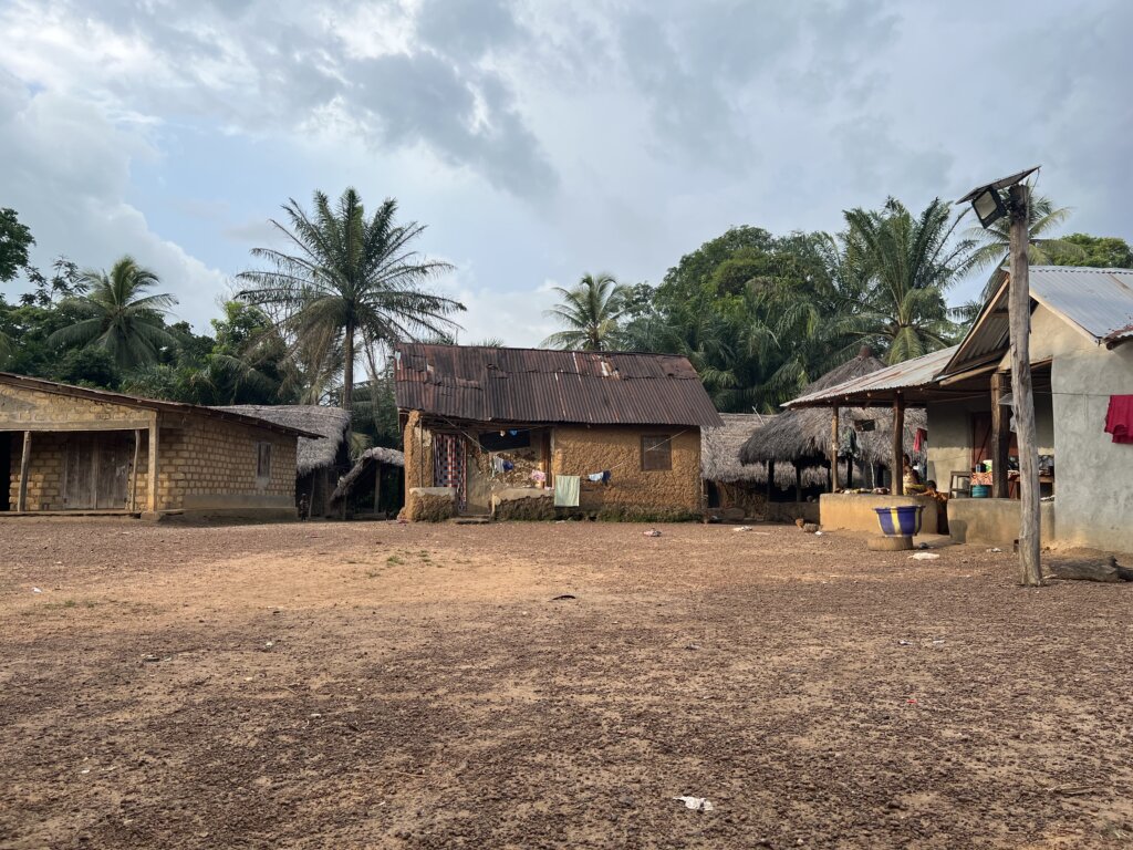 A quiet billage scene. Mud houses with tin roofs, pots and pans outside. The final village before crossing the river to Tiwai Island