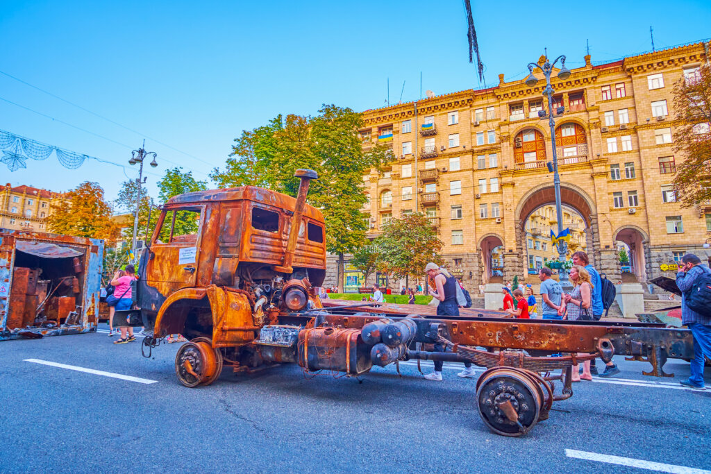 A wheel less russian lorry now sits on display to remind Ukrainians of their victory