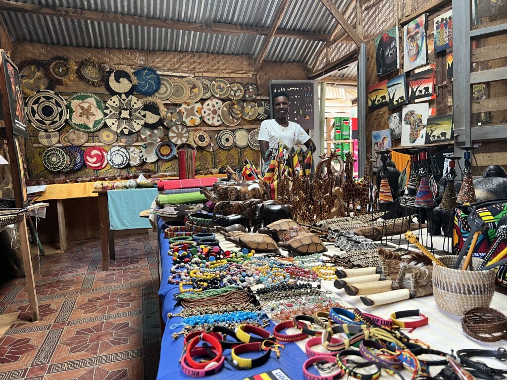 Smiling lady proud of the souvenirs she has on show