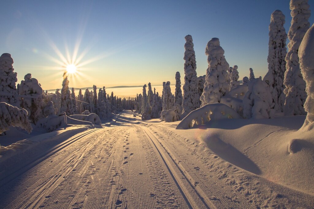 Pristine white snow compacted by the many skiers and snowmobiles that have driven over it