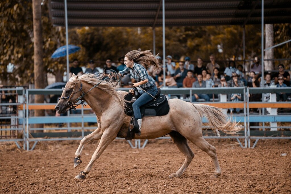 Cowgirl on a palomino horse cantering across the ring