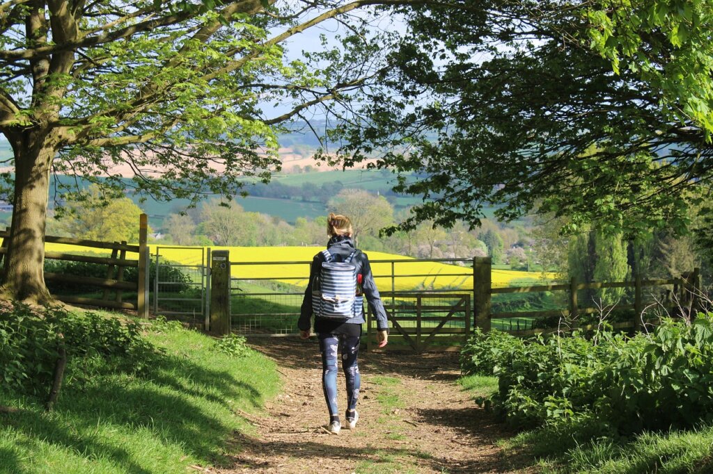 Someone walking towards a field