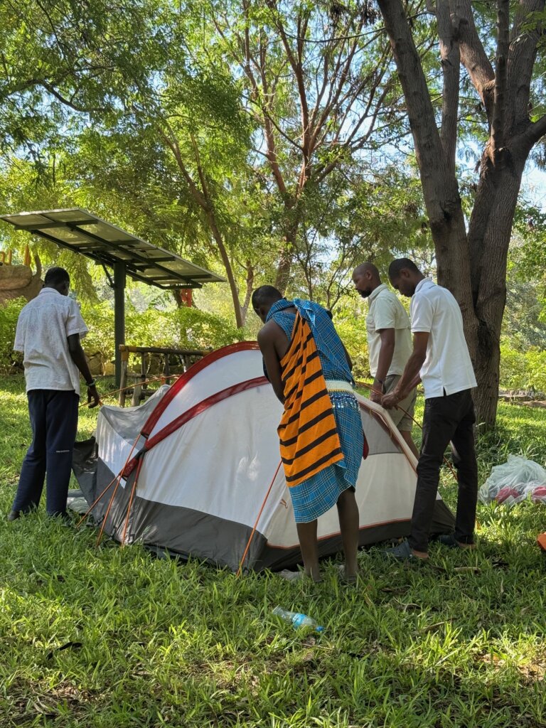 Setting up the tent in Lake Natron