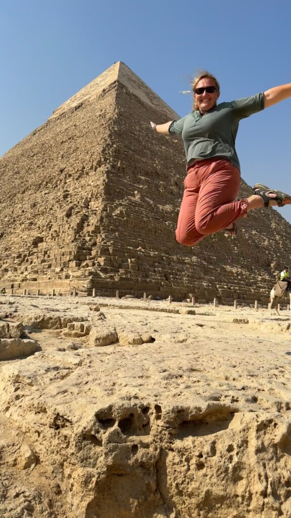 Jumping for joy at the Pyramids of Giza