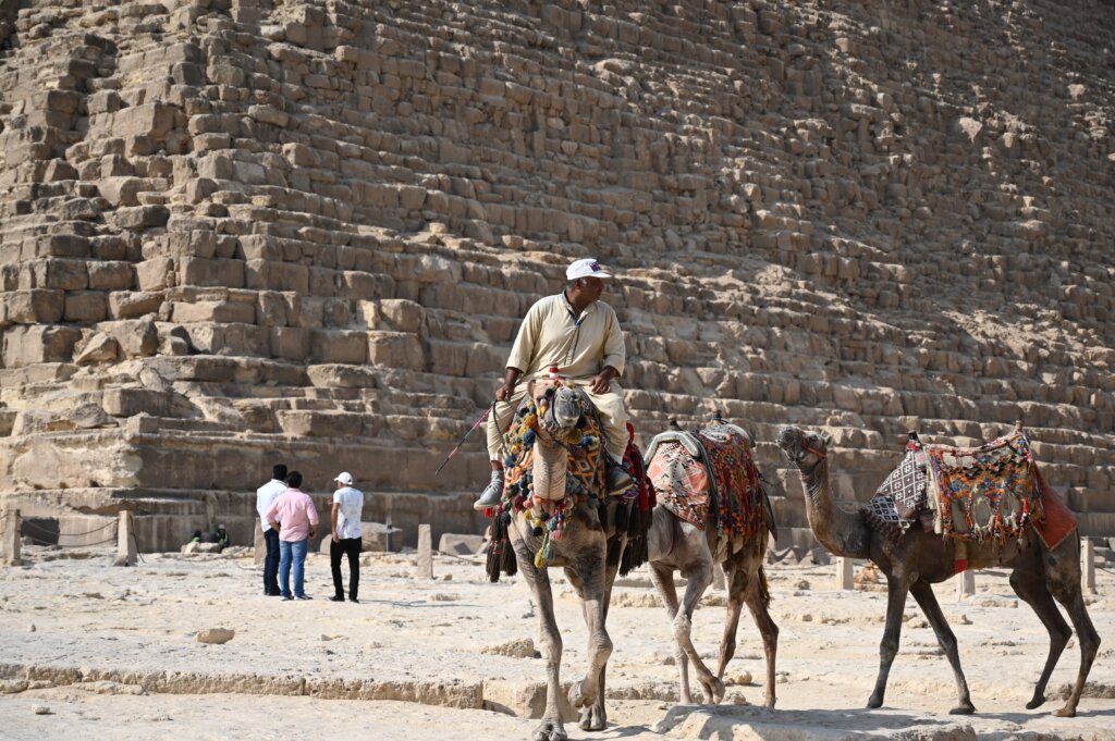 An Egyptian man riding a camel at the Giza pyramids