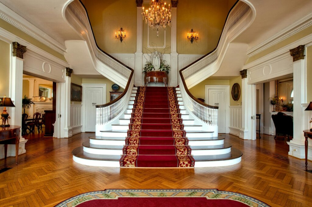 red and brown floral stair carpet