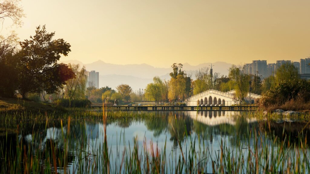 peaceful riverside view with bridge in chengdu